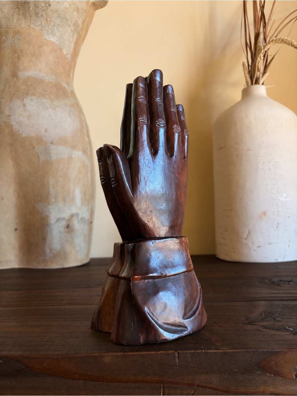 70’s Vintage Carved Wood Praying Hands Sculpture 10” Religious Folk Art Decor
